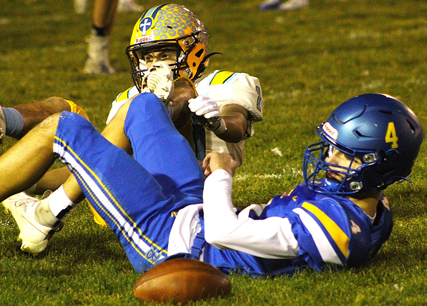 Bonduel defensive back Quinn Wesenberg breaks up a pass intended for St. Mary Catholic’s Nicholas Campbell Oct. 24 in a Level 1 Division 5 playoff game in Bonduel. Wesenberg and the Bears improved to 8-2 on the season with a 49-21 win over the Zephyrs.  (Greg Seubert)