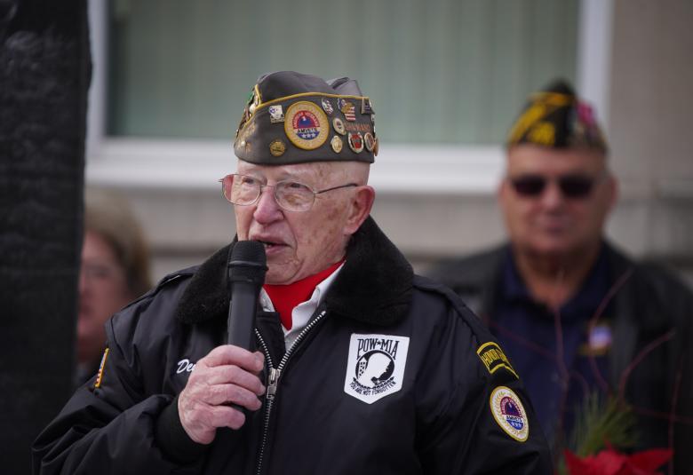 Dennis Bohm welcomes a crowd of more than 100 to the Shawano Veterans Day ceremony Nov. 11. (Greg Mellis | NEW Media)